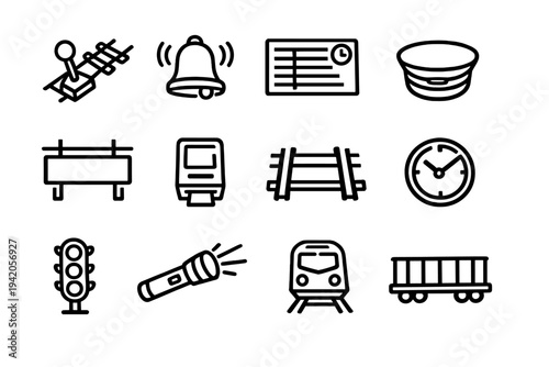 Railway and train station line icon set featuring tracks locomotive signal light clock and conductor hat on white background