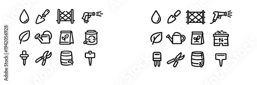Set of gardening and agriculture line icons including watering can trowel pruning shears seed packet and compost bin for garden maintenance