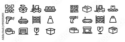 Logistics and warehouse management line icon set featuring shipping boxes forklift barcode scanner and delivery equipment