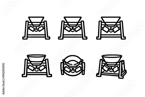 Set of industrial concrete mixer icons for construction and building projects showing different angles of the heavy machinery
