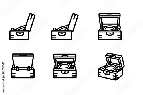 Set of wooden chest icons with open lid and navigation compass inside from various angles for storage and adventure concepts