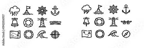 Nautical and maritime line icons set featuring anchor lighthouse ship wheel compass and sea elements on white background