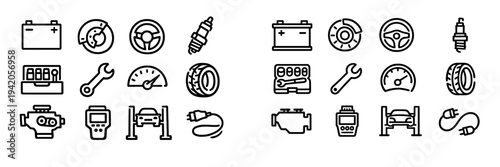 Car repair and automotive maintenance line icon set featuring battery engine tire wrench steering wheel and diagnostic tools for garage