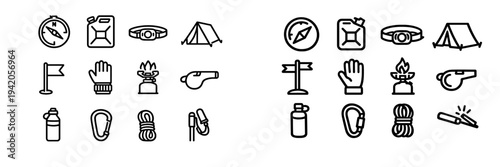 Camping and hiking equipment line icons set featuring compass tent stove carabiner rope and outdoor survival gear