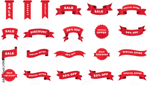 Set of red sale ribbons, discount price tags and offer stickers..eps