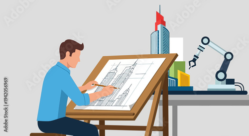 Man Drawing on Easel at Desk.