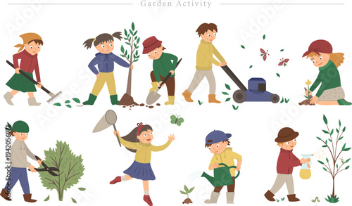 Garden Activity Flat Vector Set Kids Outdoor Gardening Chores Illustration