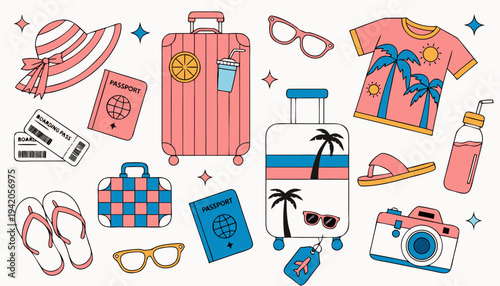 Set of retro travel elements with vintage suitcases, passports, and flight tickets on white background..eps