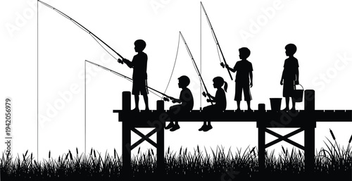 Black and white vector silhouette of children fishing on a wooden pier with fishing rods and buckets surrounded by tall grass and cattails