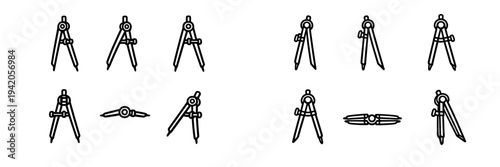 Set of drawing compass icons for geometry and technical drafting isolated on white background