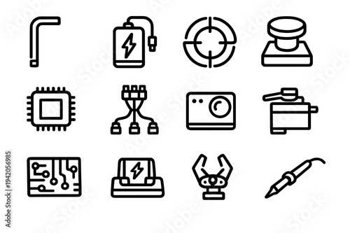 Collection of electronics and robotics hardware icons including microchip circuit board battery soldering iron and robotic claw on white