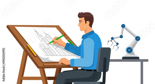 Man Drawing on Large Paper Easel.