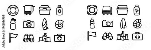 Minimalist summer beach vacation line icons featuring lifebuoy towel cooler sunscreen camera surfboard seashell binoculars and sandcastle
