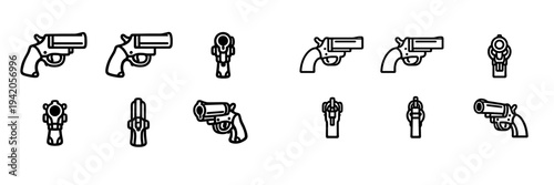 Emergency signal pistol icons showing flare gun from multiple perspectives including side front and top views for maritime safety