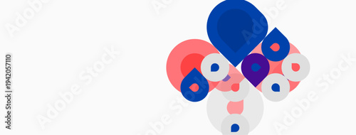 Abstract composition. Overlapping circles, pinks, blues, whites create dynamic visual interest. Minimalist design, clean aesthetic.