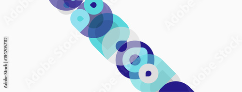 Abstract circles overlap creating diagonal pattern. Blue, purple, turquoise hues dominate white background. Minimalist design.
