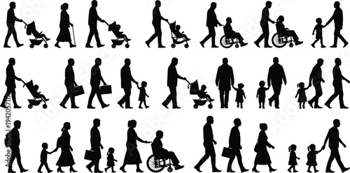 Black silhouettes of diverse people walking including families with strollers, disabled individuals in wheelchairs, parents holding children's hands, and businessmen isolated on white.
