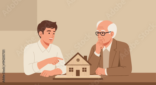 Two Men Discussing House Model Together.