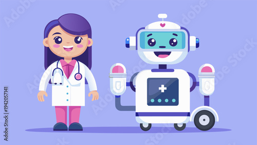 Smiling friendly medical robot standing with healthcare professionals in modern clinic, artificial intelligence in medicine.eps