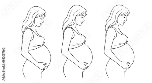 A pregnant woman shows three distinct stages of belly growth.