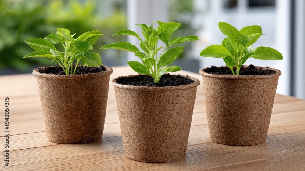 Fototapeta premium Three small potted plants with green leaves in biodegradable pots arranged on a wooden table, with a blurred background of greenery and natural light