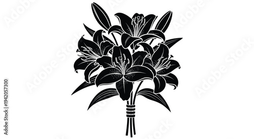 A black and white lily flower bouquet tied with twine.