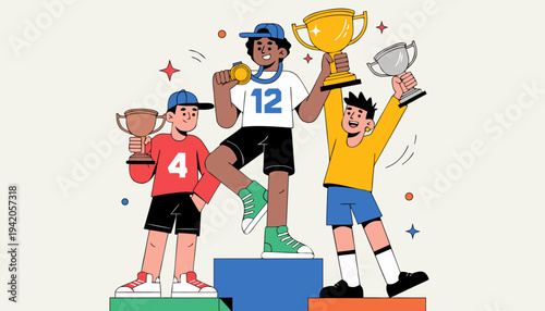 Three young soccer players on winner podium holding trophies and medals.eps