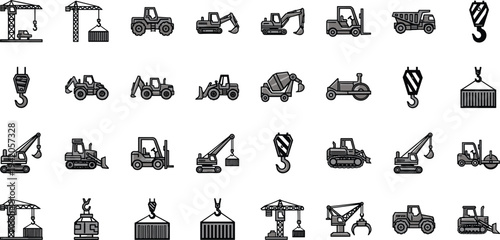 Heavy Construction Machinery Icon Set Featuring Cranes Excavators Forklifts Bulldozers and Cement Trucks Industrial Equipment Vector Collection for Building Site and Engineering Graphic Design