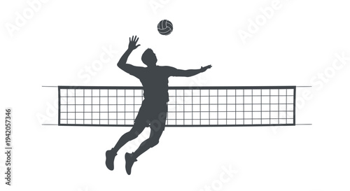 Vector illustration of a volleyball player jumping to hit a ball over a net