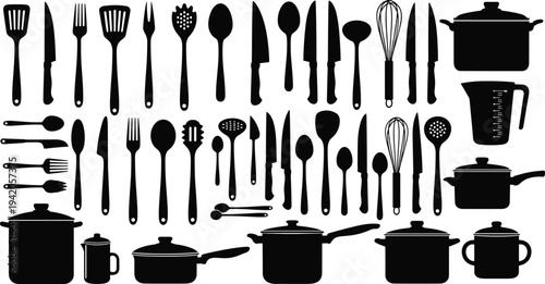 Kitchen Utensils Silhouettes Collection Professional Cookware Set with Chef Knives Pots Pans Spatulas and Cutlery Icons Isolated on White Background for Culinary Design Graphic Projects