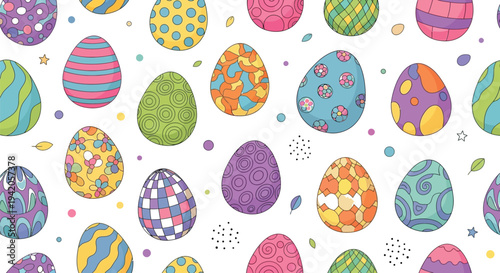 The pattern features many colorful, decorated Easter eggs.