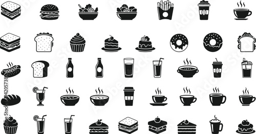 Large set of black food and drink icons including burgers, sandwiches, coffee cups, donuts, salads, and desserts isolated on a white background.
