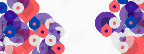 Abstract circles overlap, creating vibrant patterns. Purple, coral, blue hues dominate white background. Modern design element.