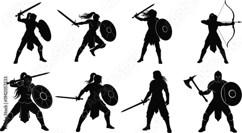 Set of female warrior silhouettes featuring medieval knights with swords and shields archer with bow and battle axe fighters isolated on white background