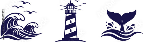 Set of Nautical Icons Featuring Ocean Waves with Seagulls Lighthouse with Light Beams and Whale Tail Splashing in Water Isolated Vector Illustration Graphic Elements