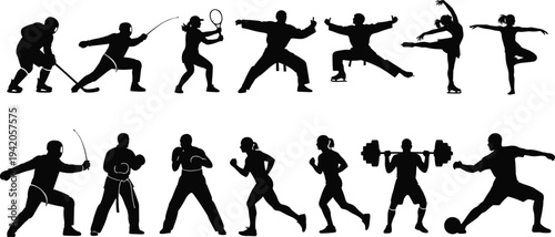 Set of Office Furniture Silhouettes Featuring Executive Desks Ergonomic Chairs Bookshelves Filing Cabinets and Workspace