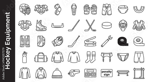 Collection of hockey equipment icons for sports and recreation design projects