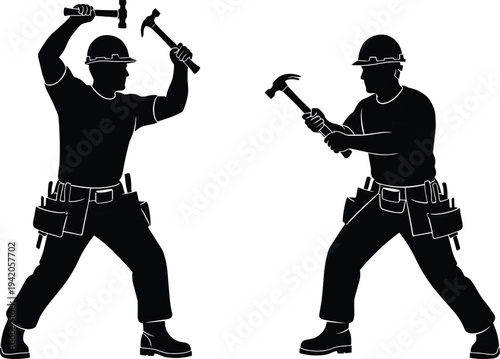 Silhouettes of construction workers in dynamic poses wearing hard hats tool belts and boots holding hammers representing labor teamwork conflict and industrial profession themes