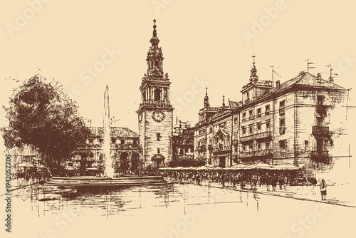 Plaza Mayor, Spain illustration in a vintage style. This vector illustration can be used in any size you like for advertising, logos, and other work.
