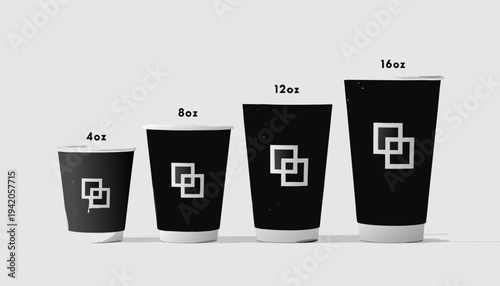 Vector set of takeaway paper cups for hot drinks, varied sizes of blank coffee cup templates for branding and packaging design, realistic 3D mockup icons..eps