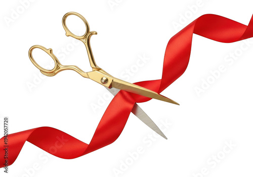 Golden scissors cutting red ribbon isolated on transparent background