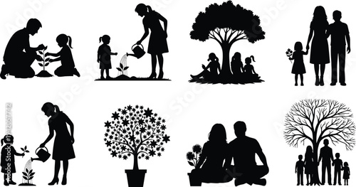 Silhouettes of families with children planting trees watering plants and bonding together under nature scenes representing growth nurturing environment and togetherness themes