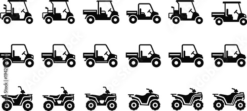 Silhouettes of golf carts utility vehicles offroad jeeps and ATVs arranged in rows showcasing diverse recreational and functional transport designs for outdoor themes