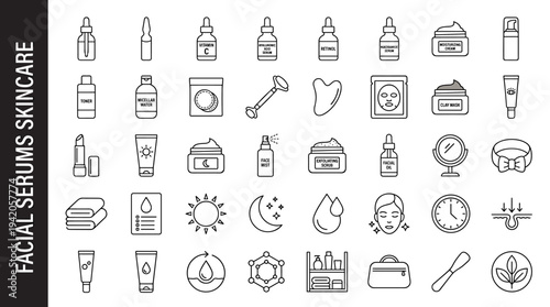 Collection of facial serums and skincare icons for beauty and wellness routines
