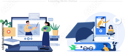 Learning Skills Online Flat Vector Digital Education E learning Illustration