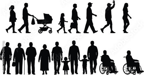 Silhouettes of people representing stages of life including children adults elderly and wheelchair users highlighting diversity inclusivity family dynamics and human development themes