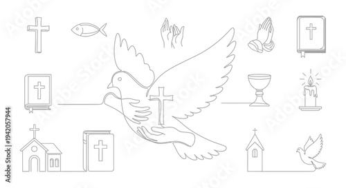 The dove outline carries a cross among religious symbols.