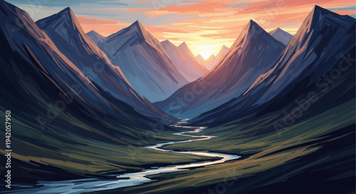 Majestic Mountain Range with River Valley at Sunset.