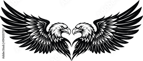 Two Bald Eagles Heads Facing Each Other with Large Spreading Wings Symmetrical Bird of Prey Black and White Vector Illustration for Mascot Logo Design