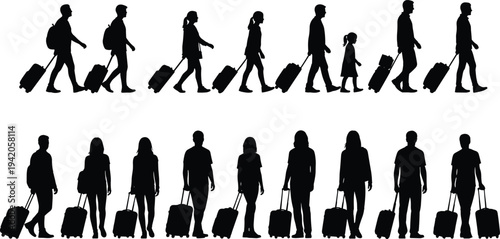 Vector illustration set of travelers silhouettes featuring men women and children walking with suitcases and backpacks for airport travel tourism and vacation isolated on white